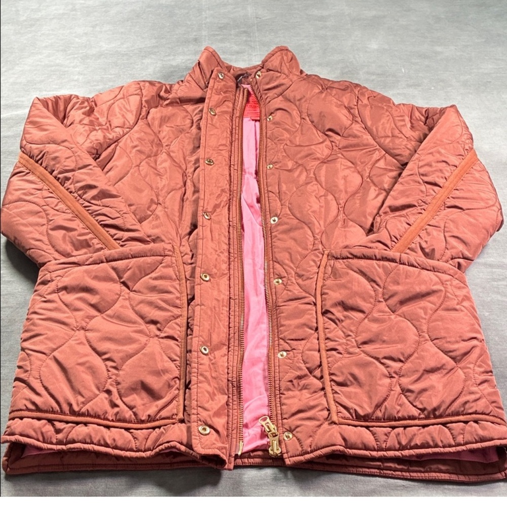 J. Crew Women Quilted Jacket in Rust and Pink. Has some stains, see pictures.